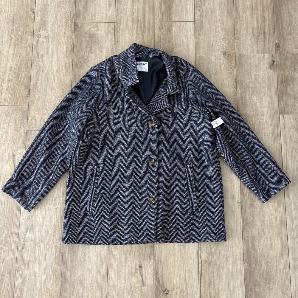 NWT Old Navy Blue Herringbone Tweed Blazer 4 Button Wool Blend Women's XL